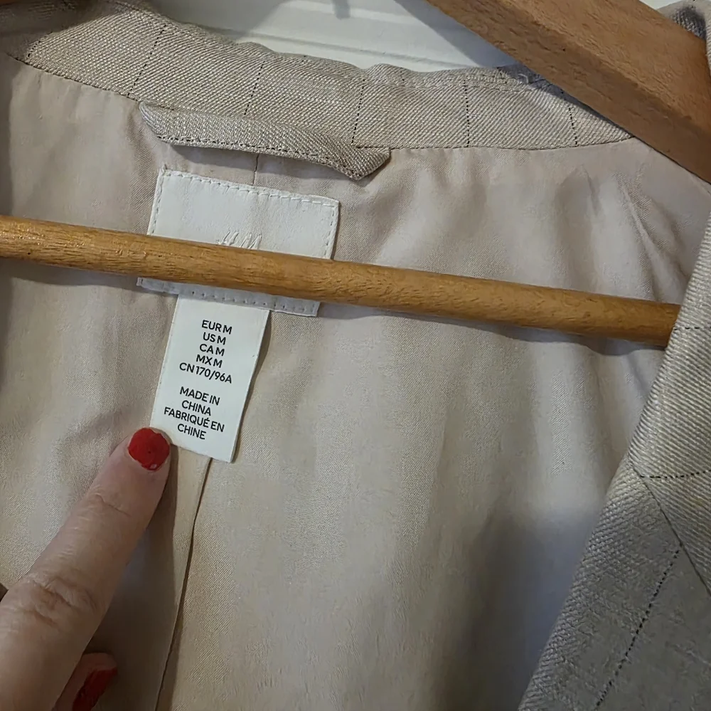 H&M Linen Blend Striped Blazer Womens M Preppy Minimalist Academia Tan Cream